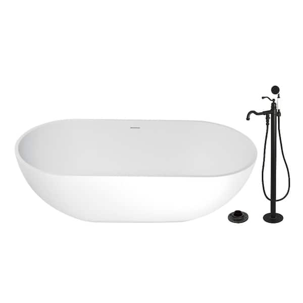 Arcticstone 70.1 in. x 34.6 in. Surface White Stone Flatbottom Soaking Freestanding Bathtub in White/Matte Black