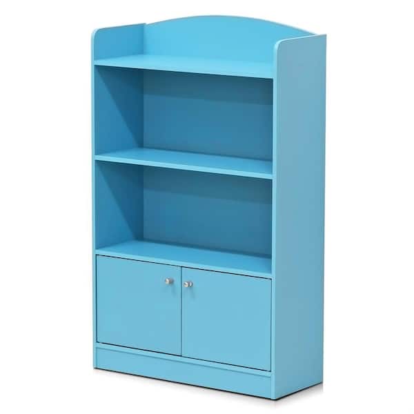 Furinno KidKanac 38.58 in. Light Blue Faux Wood 4-shelf Standard Bookcase with Doors