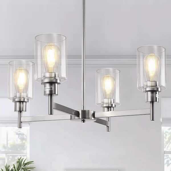 4-Light Brushed Nickel Chandelier with Adjustable Height, featuring Glass Shades, perfect for Dining Room or Entryway