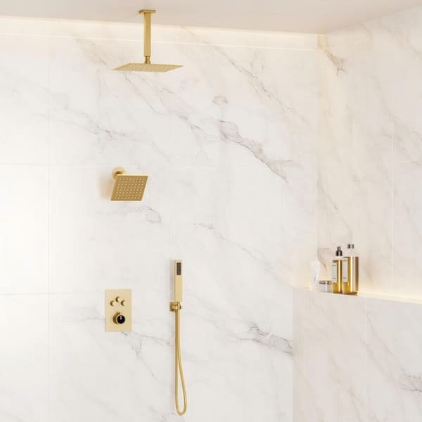 Crozet Thermostatic 7-Spray Ceiling Mount Dual Fixed and Handheld Shower Head Shower Faucet 2.5 GPM in Brushed Gold