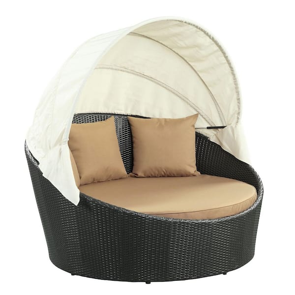 Siesta Wicker Rattan Outdoor Patio Canopy Day Bed with Cushions in Espresso Mocha