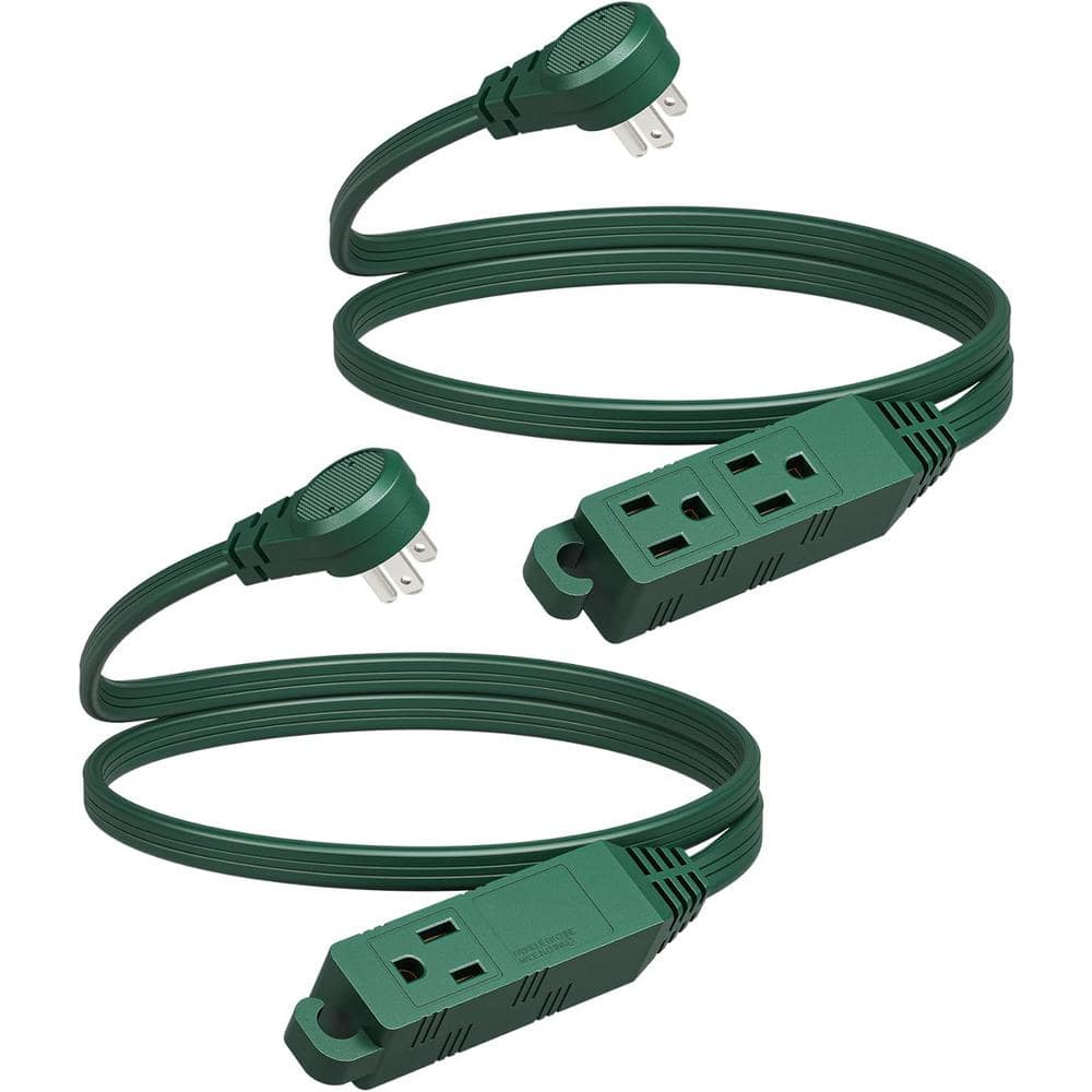 DEWENWILS 3 ft. 16/3 Indoor Extension Cord with 3 Outlets Grounded and Flat Plug, Green (2-Pack ) HSCG03B - The Home Depot