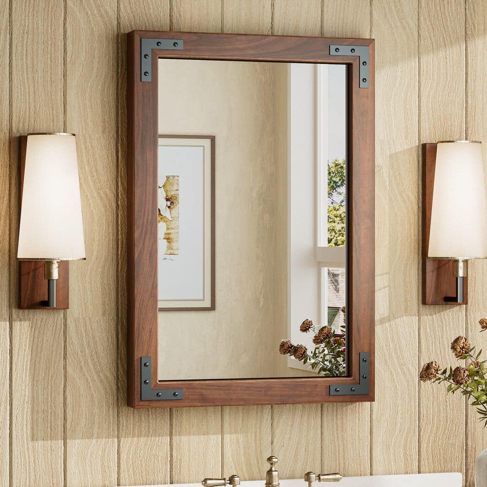 18 in. W x 26 in. H Rectangular Rustic Wood Framed Mirror Farmhouse Bathroom Vanity Mirror Over Sink in Brown price history on PriceWatchPro