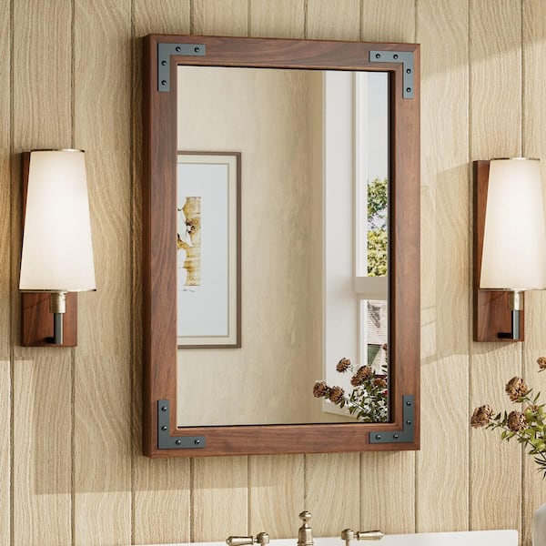 KeonJinn 18 in. W x 26 in. H Rectangular Rustic Wood Framed Mirror Farmhouse Bathroom Vanity Mirror Over Sink in Brown