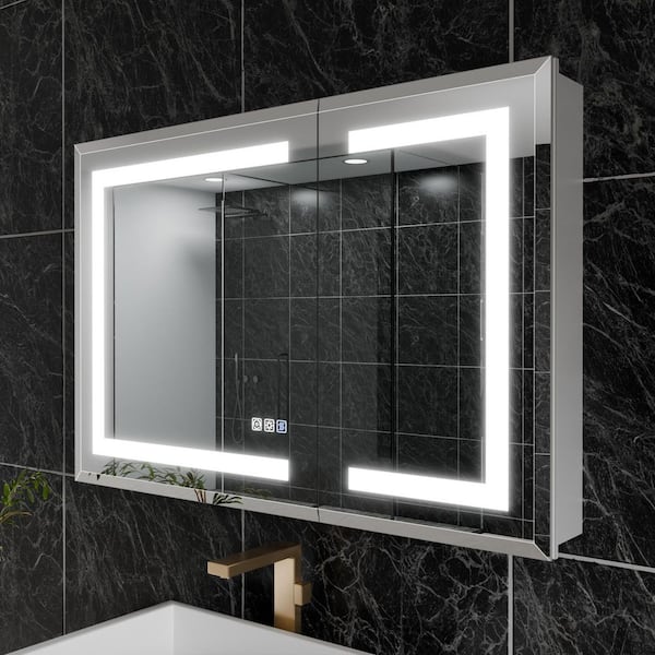 EAKYHOM 36 in. W x 24 in. H Rectangular Silver Aluminum Beveled Edge Dimmable Medicine Cabinet with Mirror Defogger