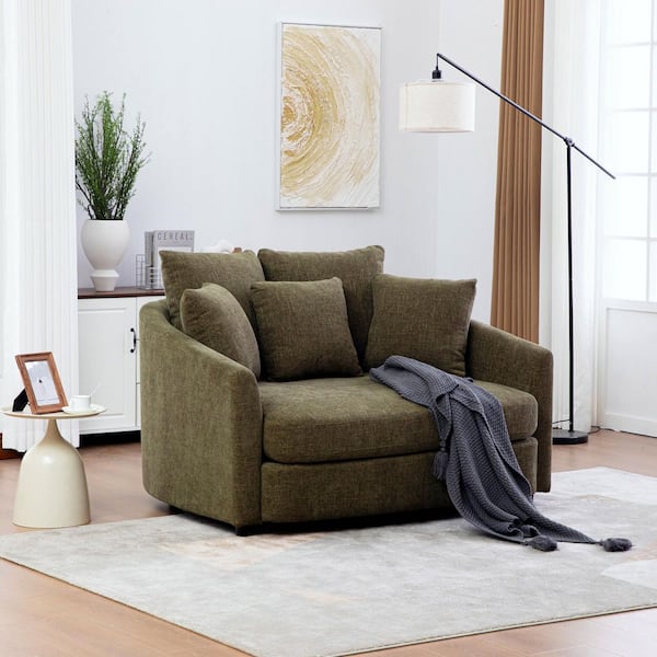 Maya Green Chenille Upholstered Curved Chaise Lounge with Pillows Deep Seat Barrel Accent Chair