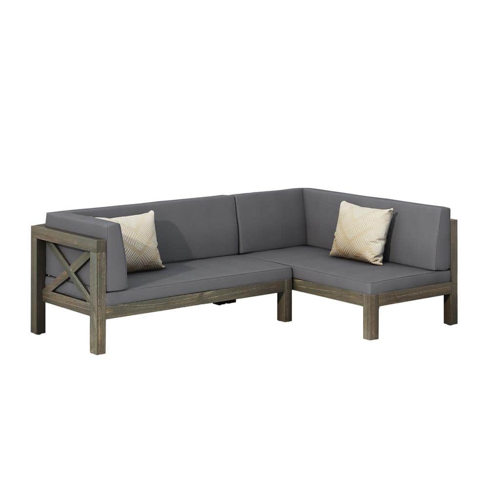 Wood Left Dining Corner Bench with Gray Cushions (2-Piece)