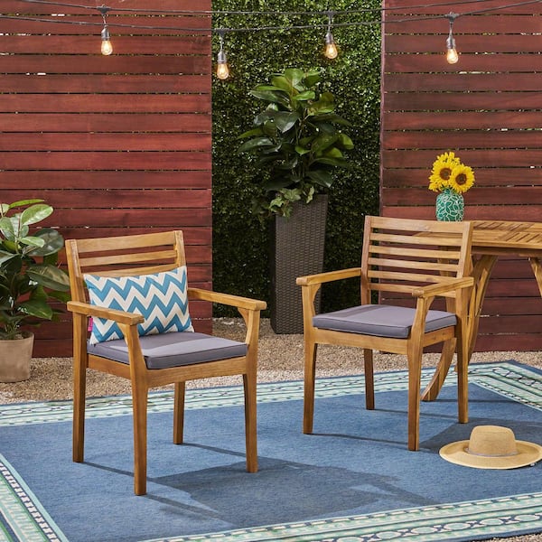 Coporesell Teak Acacia Wood Outdoor Dining Chair with Grey Cushions (2-Pack)