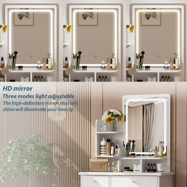 5-Drawers White Makeup Vanity Sets Dressing Table Sets With Stool, Mirror,  LED Light and 3-Tier Storage Shelves