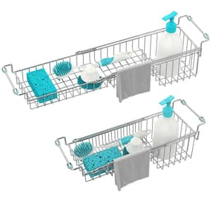 Silver Stainless Steel Sink Caddy Sponge Holder Organizer Drying Rack Expandable for Sponge Brush Soap Dish Cloth Rag