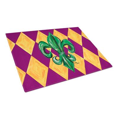 Mardi Gras Fleur-de-lis Purple Green and Gold Tempered Glass Large Cutting Board