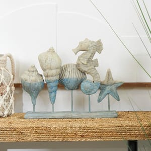 11 in. Light Blue Polystone Textured Ombre Shell Sculpture with Seahorse Accent
