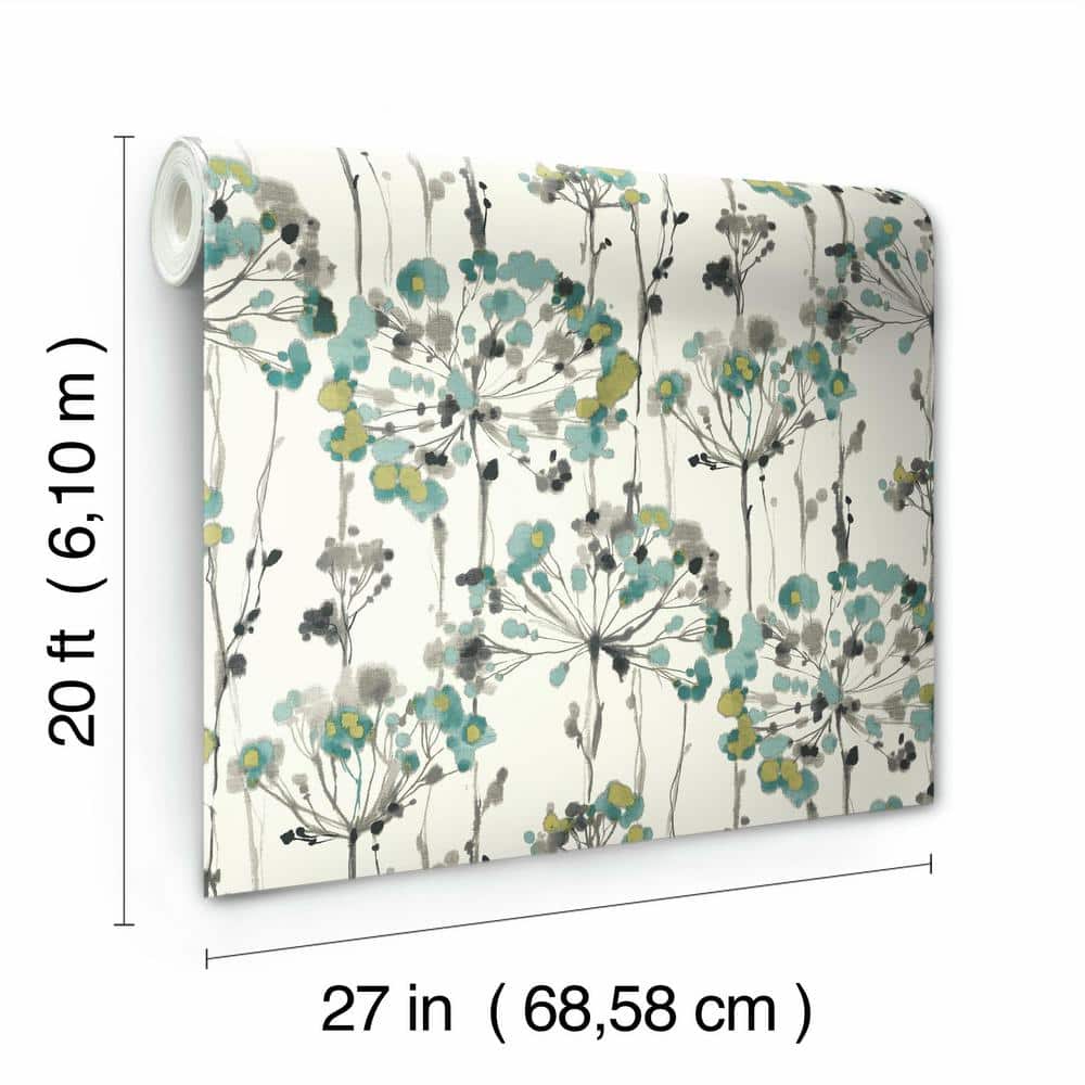 Turquoise and Gray Floral Peel and Stick Wallpaper