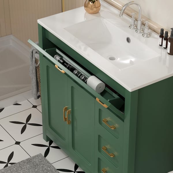 30 in. Single Sink Freestanding Green Bath Vanity with White Ceramic Top Unassembled
