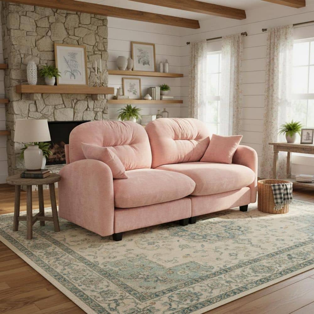 Homy Casa PMOB 74 in. Armrest 2-piece Chenille Loveseat Tufted Backrest Sectional Sofa in Blush Pink
