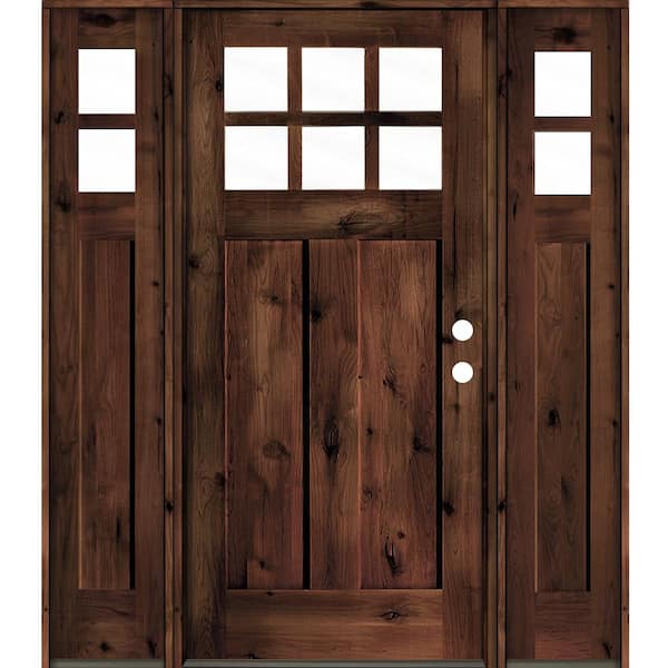 Krosswood Doors 60 in. x 80 in. Knotty Alder Left-Hand/Inswing 6-Lite Clear Glass Red Mahogany Stain Wood Prehung Front Door with DSL
