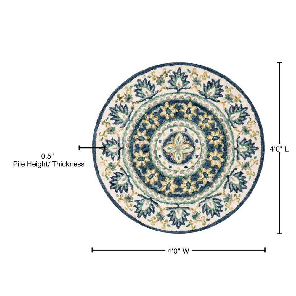 Ivory and Blue Floral Round Wool Area Rug