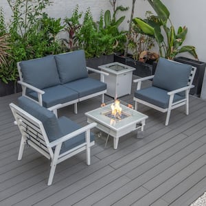 Walbrooke White 5-Piece Aluminum Square Patio Fire Pit Set with Navy Blue Cushions, Slats Design, Tank Holder