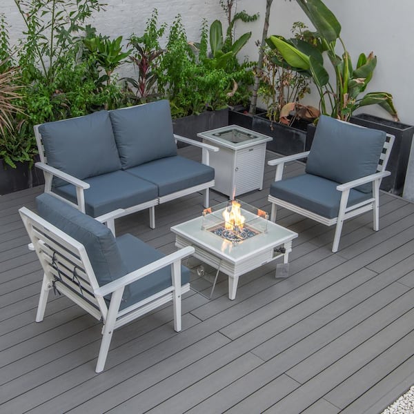 Leisuremod Walbrooke White 5-Piece Aluminum Square Patio Fire Pit Set with Navy Blue Cushions, Slats Design, Tank Holder