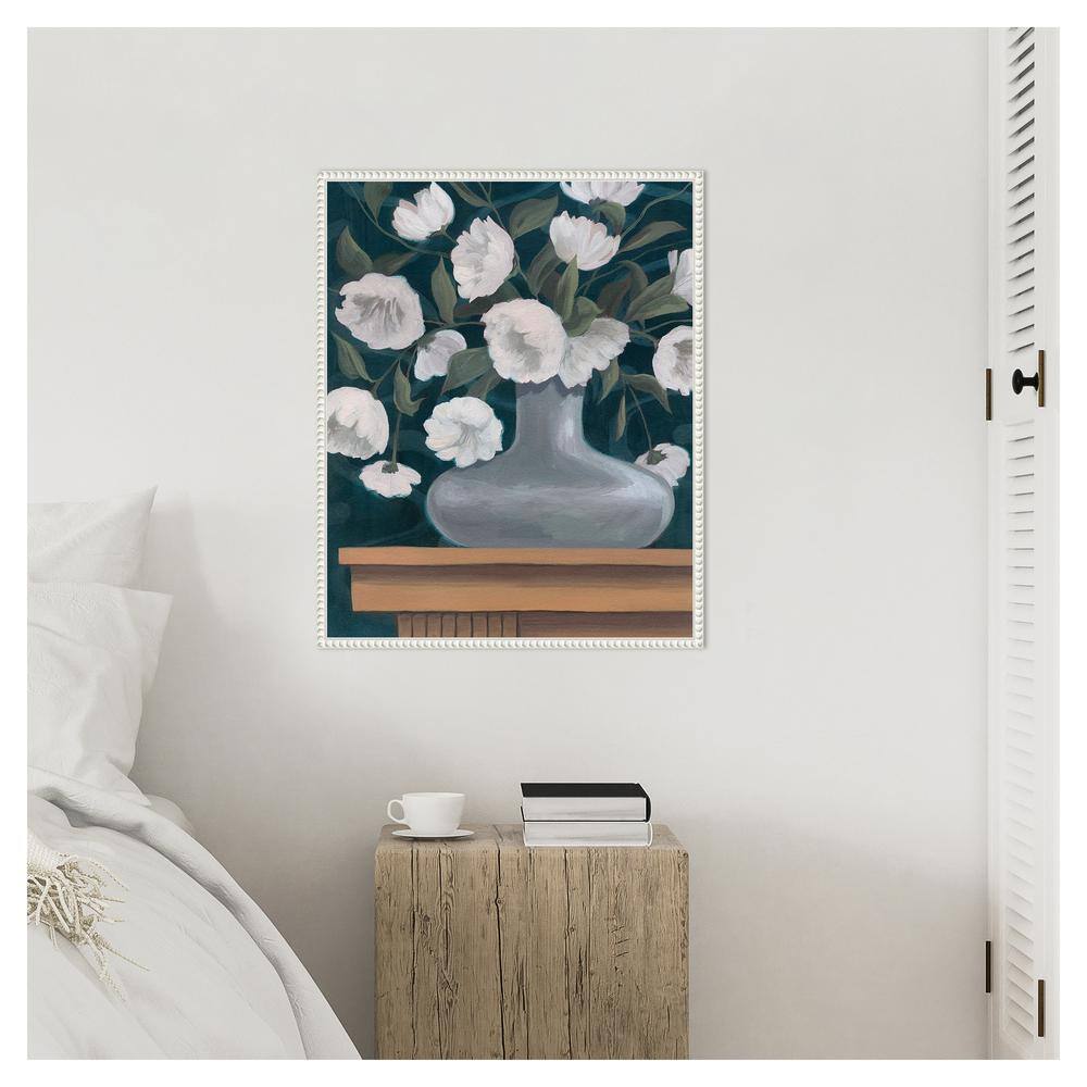 Snowball Posies II White and Green Canvas Print in White Frame