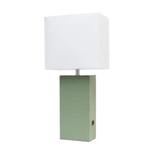 21 in. Sage Green Lexington Leather Base Table Lamp with White Fabric Shade with USB Charging Port