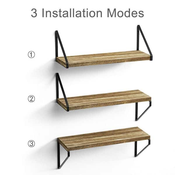 SRIWATANA Floating Wall Shelves, 2-Tier Rustic Wood Shelves for Bedoom,  Bathroom, Living Room, Kitchen(Carbonized Black)