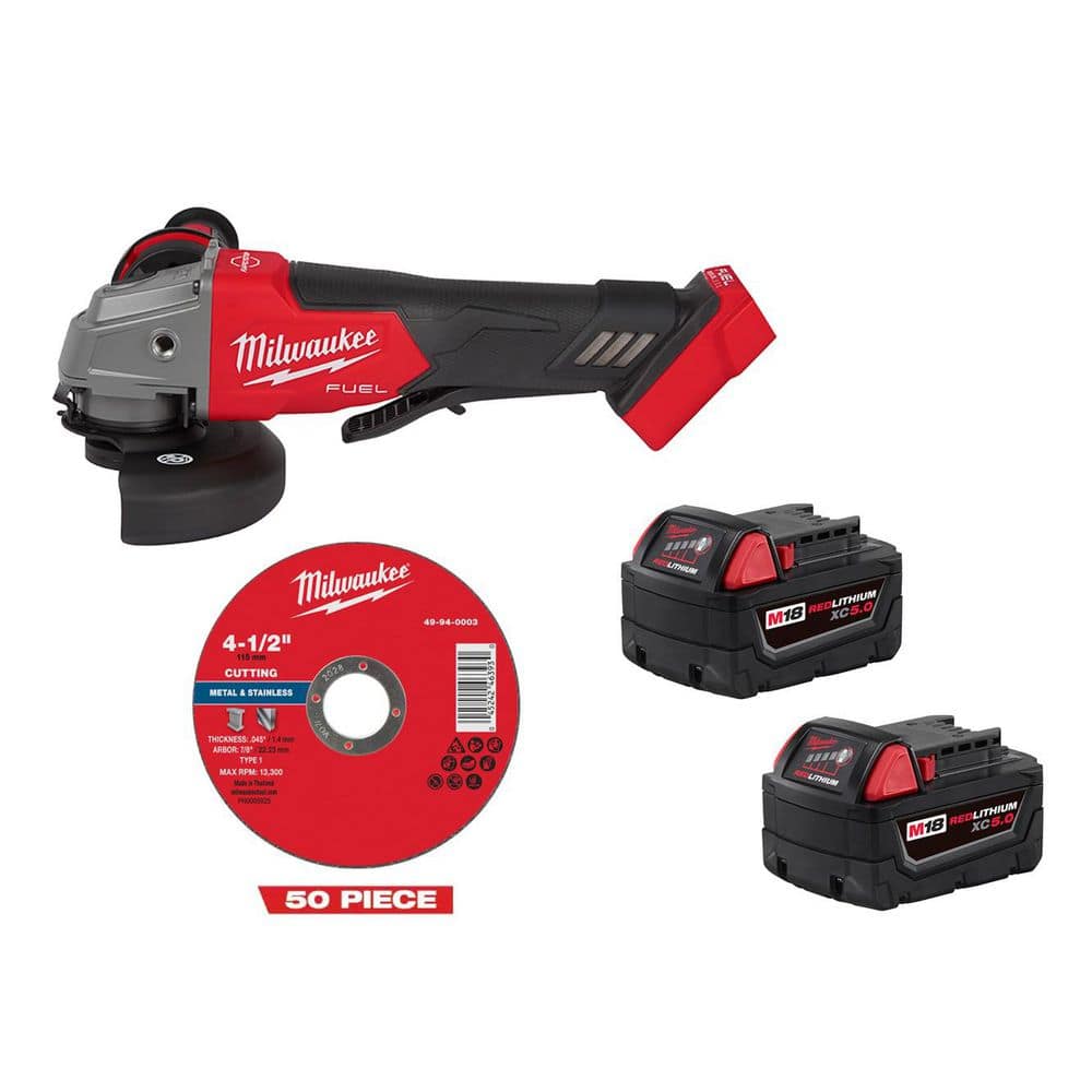 M18 FUEL 18V Cordless 4-1/2 in. /5 in. Grinder w/ (2) M18 5.0 Ah Batteries w/ 50 4 1/2 in Metal Cutoff Wheel Type 1 price history on PriceWatchPro