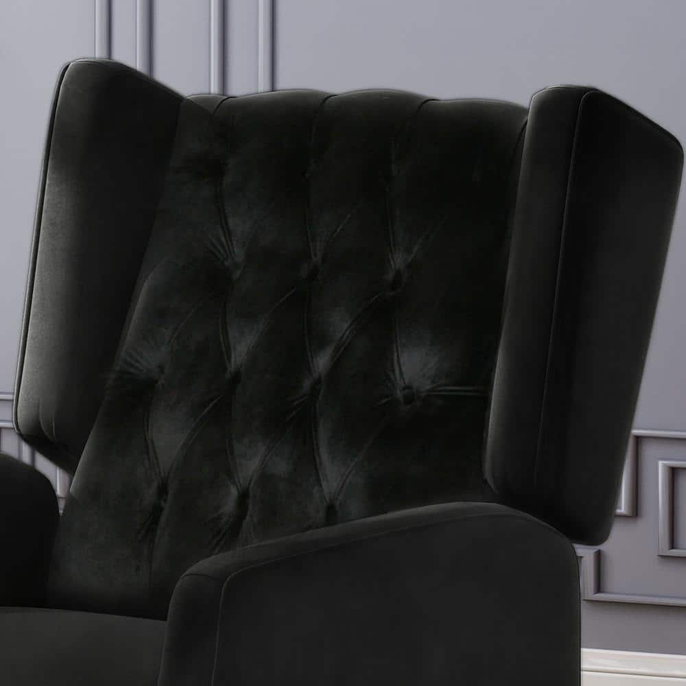 Handcrafted Black Velvet Wingback Recliner with Wood Legs