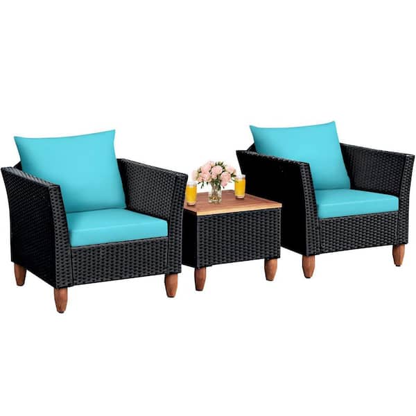 Alpulon Black 3-Piece Wicker Outdoor Furniture Set Patio Conversation Set with Turquoise Cushions
