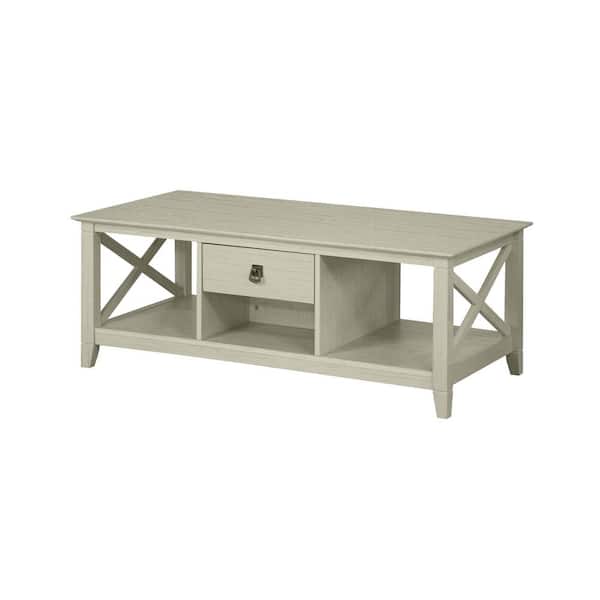 SAINT BIRCH Honduras 23.6 in. Antique White Rectangle Wood Top Coffee Table with Drawers and Shelves