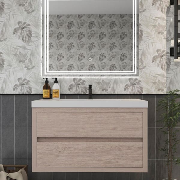 BV Better Vanity Louis 36 in. W x 20 in. D x 22 in. H Single Sink Floating Bath Vanity in Pink Wood with White Acrylic Top