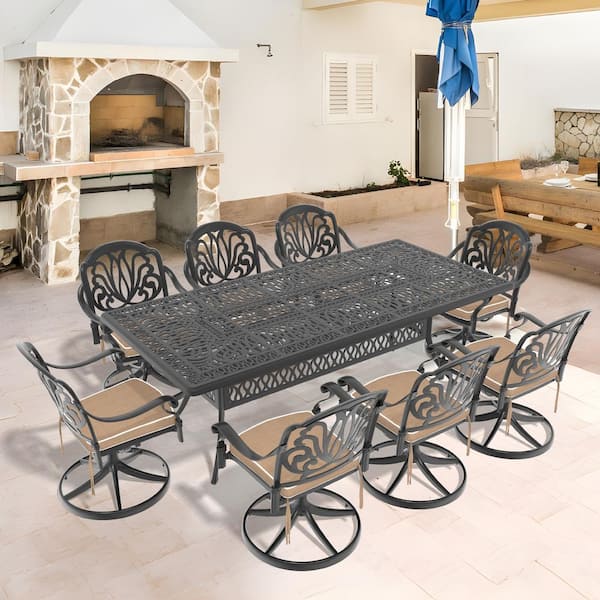 Willit Elizabeth 9-Piece Cast Aluminum Patio Outdoor Dining Set with Rectangle Dining Table,8 Swivel Chairs and 8 Brown Cushion