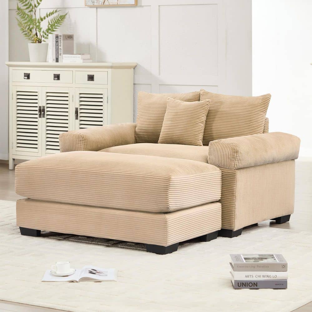 Regal 54.3 in. Square Arm Corduroy Upholstery Rectangle Sofa in Brown with Ottoman, Throw Pillows, Camel
