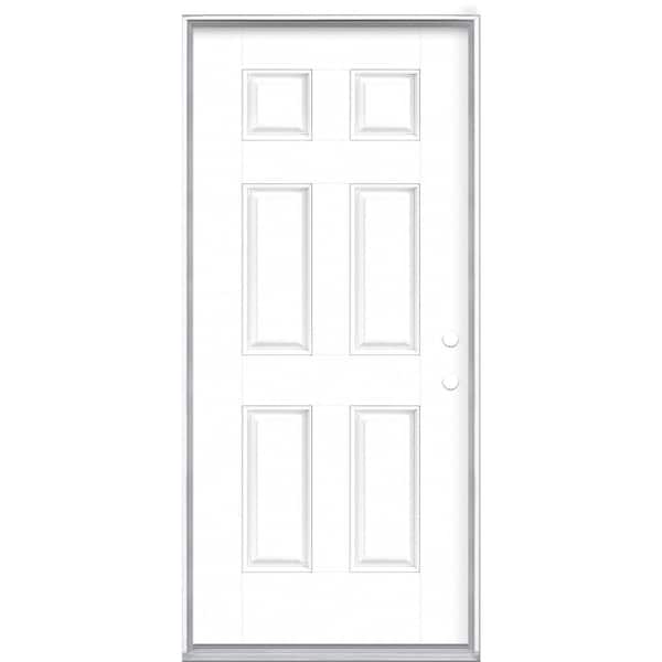 Masonite 36 in. x 80 in. 6-Panel Ultra Pure White Left Hand Inswing Painted Smooth Fiberglass Prehung Front Door, Vinyl Frame