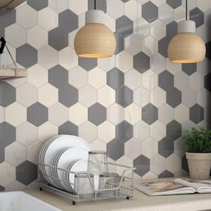 Hedron Hexagon 4 in. x 5 in. Glossy Fog Ceramic Wall Tile (5.38 sq. ft./Case)