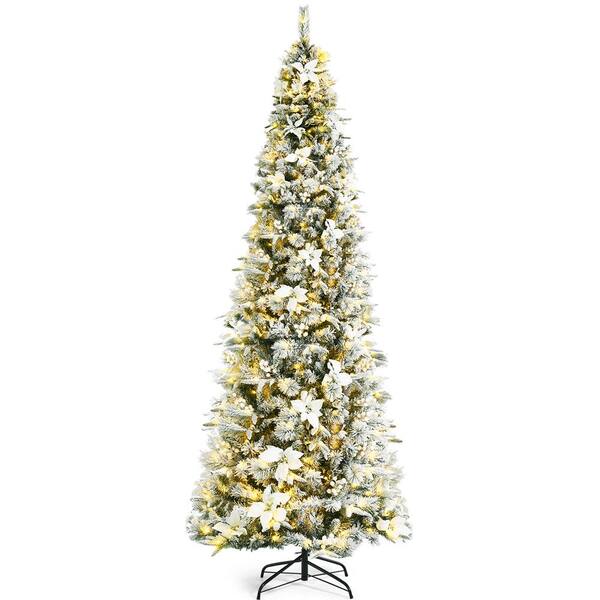 Gymax 8 Ft. Pre-Lit Snow-Flocked Artificial Christmas Tree Hinged Pencil Xmas Tree Gym08601