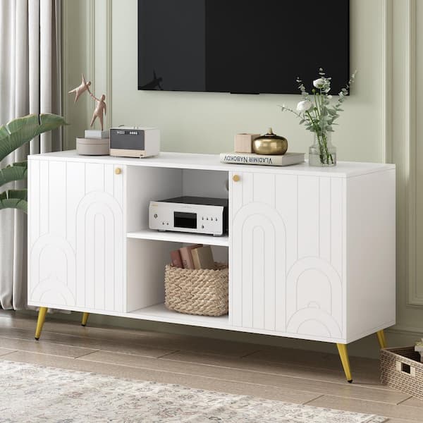 Polibi White TV Stand Fits TV's up to 55 in. with Adjustable Shelf, Metal Legs, Handles and Anti-Tip Device