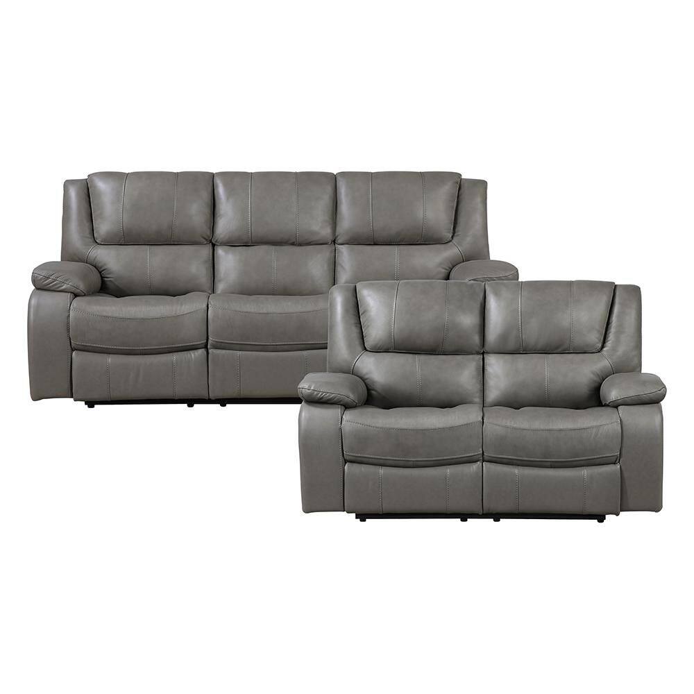 Dimitri 86.5 in. W Pillow Top Arm Top Grain Leather Rectangle 2-Piece Manual Double Reclining Sofa Set in Gray price history on PriceWatchPro