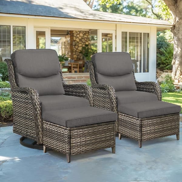 Crescent Gray Wicker Outdoor Rocking Chair Set with 5 in. Thick Gray Cushions, Swivel Rockers and Ottomans (4-Pack)