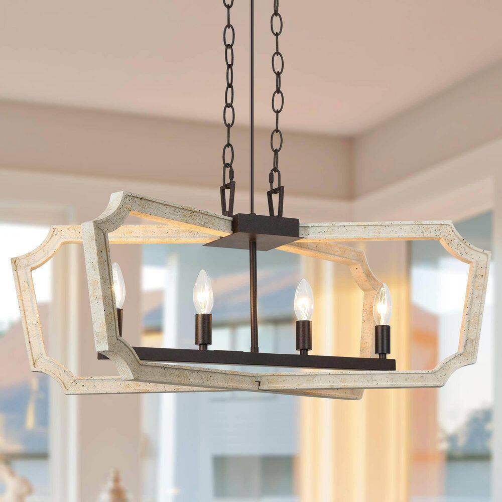 Vintage 4-Light Distressed White Geometric Cage Wood Chandelier for Living Room, Kitchen with No Bulb Included price history on PriceWatchPro