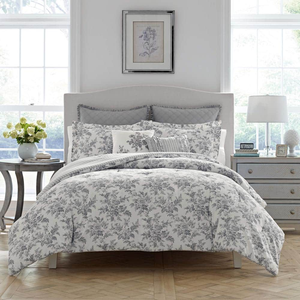 Laura Ashley Annalise Floral 7-Piece Gray Cotton Full/Queen Bonus Duvet Cover Set