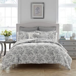 Annalise Floral 7-Piece Gray Cotton Full/Queen Bonus Duvet Cover Set