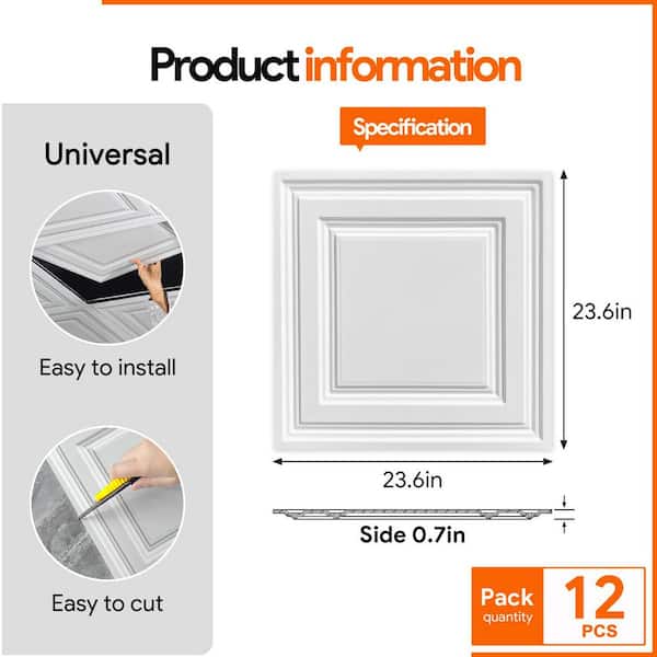 Fasarxiu 2 ft. x 2 ft. White Icon Relief PVC Drop Ceiling Tile