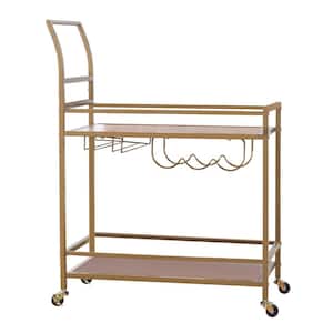 Gold Wood Metal Frame Kitchen Cart on 4 Wheels with Wine Rack and Handle