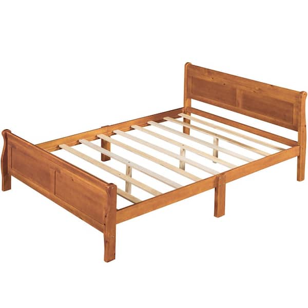 57 in. W Oak Full Solid Wood Sleigh Bed with Headboard and Wood Slat Support