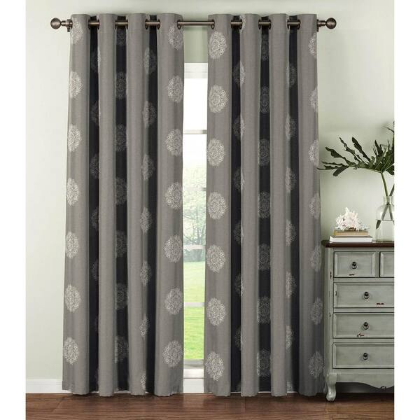 Window Elements Semi-Opaque Venice Embroidered Faux Linen Extra Wide 96 in. L Grommet Curtain Panel Pair, Charcoal (Set of 2)