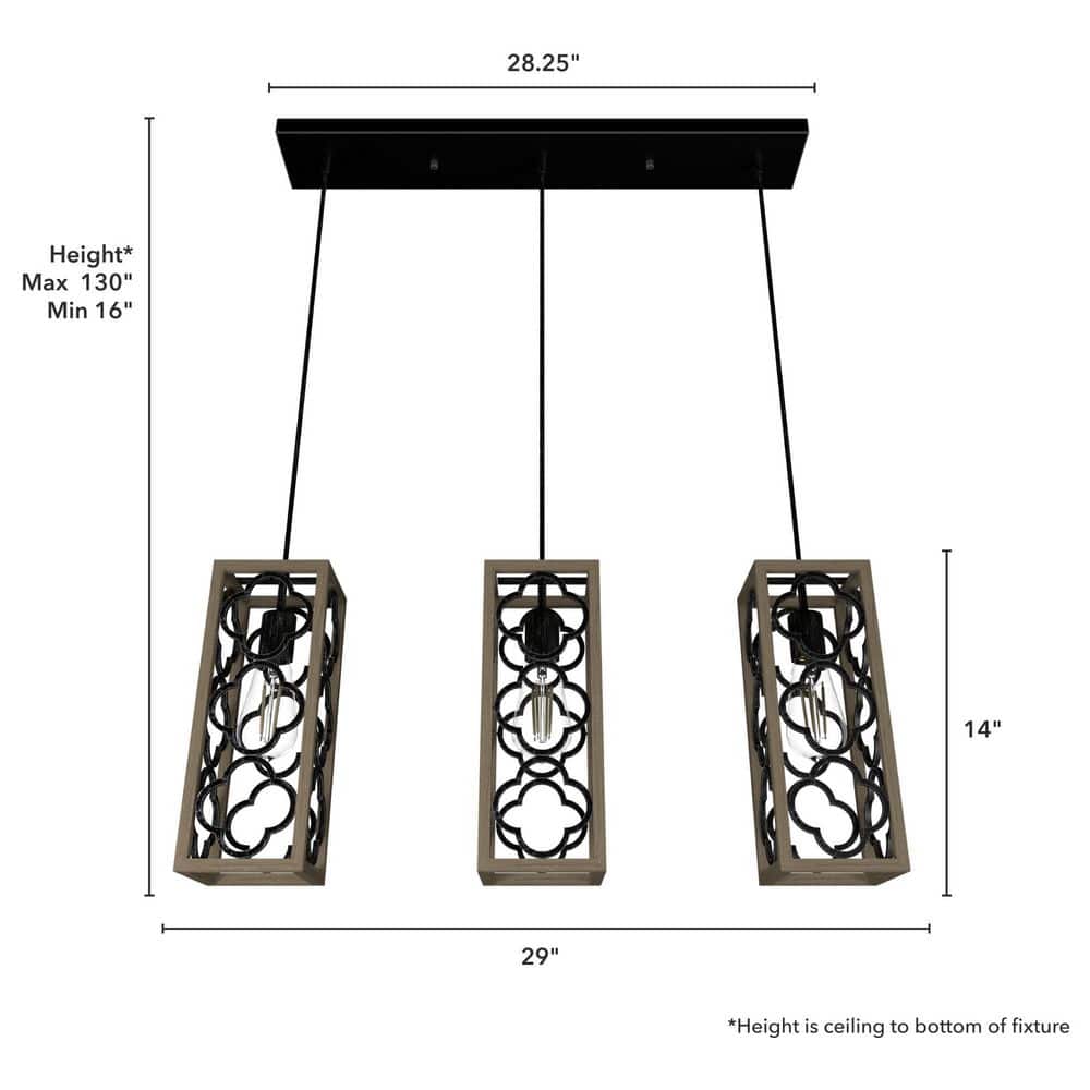 French Oak and Black Aluminum 3-Light Pendant