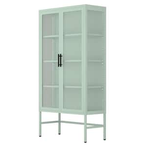 Green Double Glass Door Storage Cabinet with Adjustable Shelves and Feet Cold-Rolled Steel Sideboard Furniture