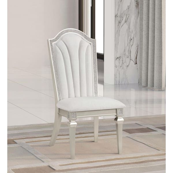 Coaster Evangeline Ivory and Silver Fabric Dining Side Chair with Faux Diamond Trim Set of 2