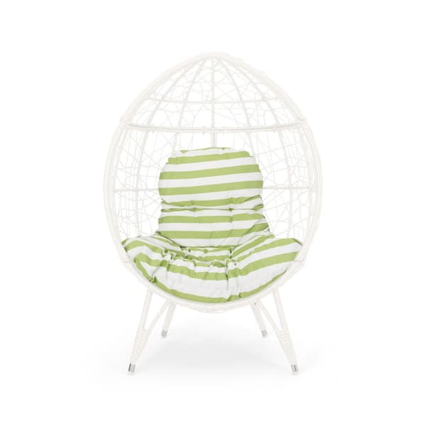 Wicker Outdoor Lounge Chair, Teardrop Egg Chair with White and Green Cushions